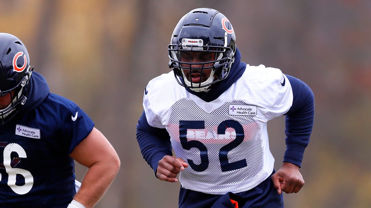 Chicago Bears outside linebacker Khalil Mack (52) celebrates a big  defensive play in the second …