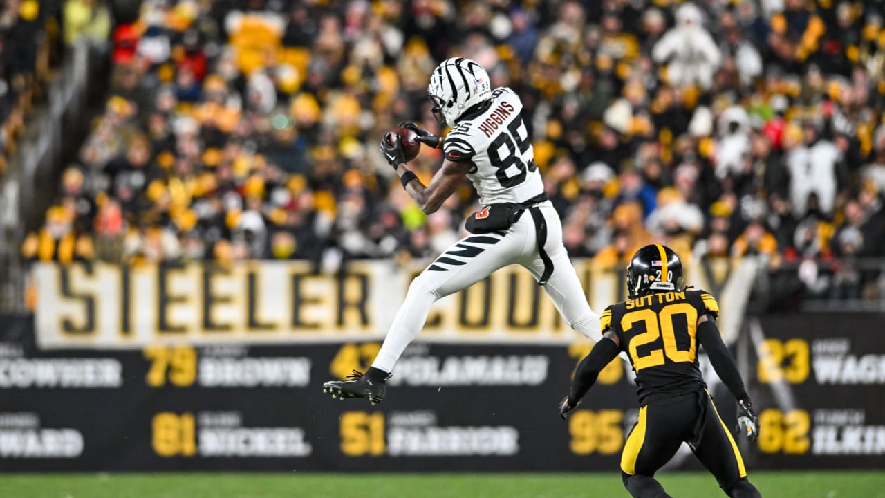 Tee Higgins leaps for touchdown catch from Joe Burrow in end zone