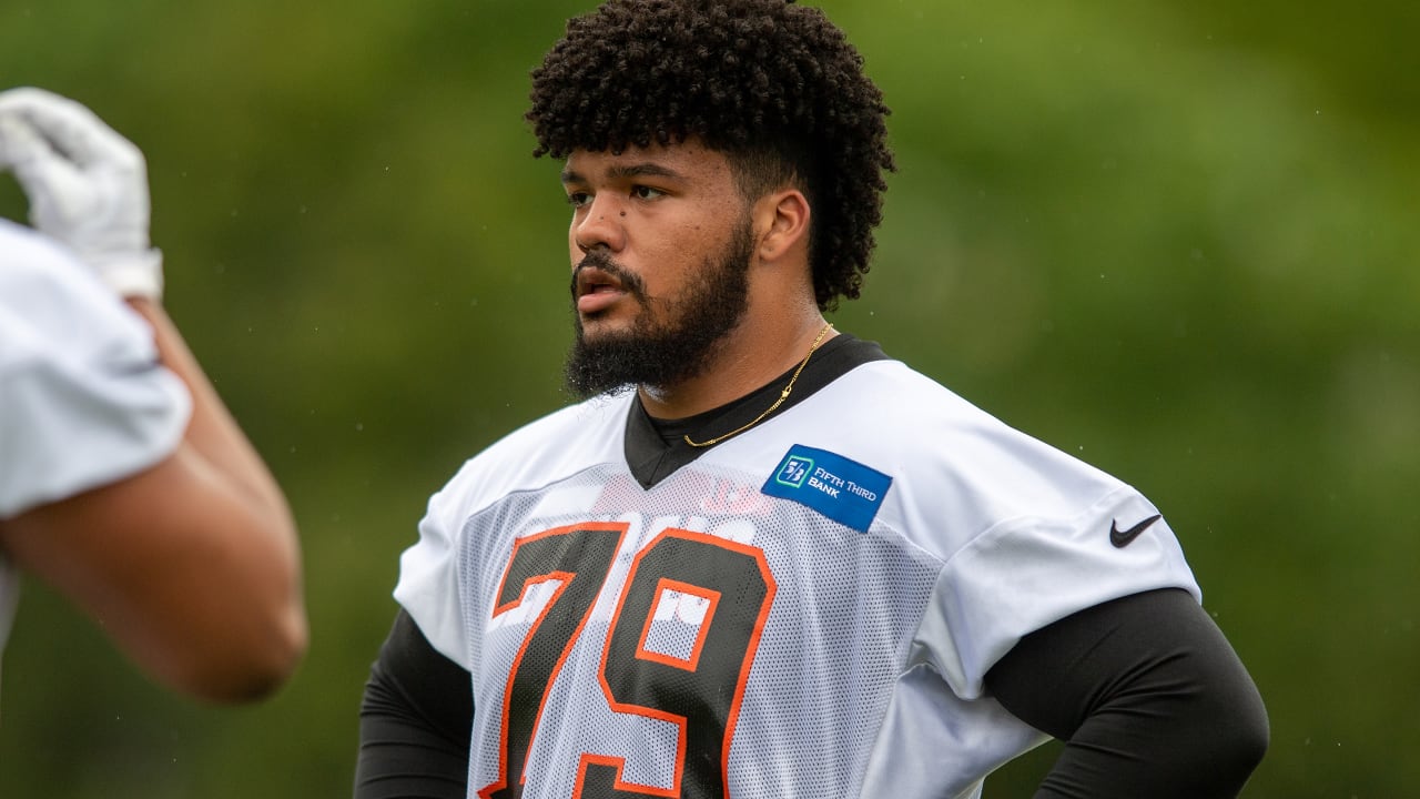 Cincinnati Bengals guard Jackson Carman (79) looks to make a block during  an NFL football game against the Cleveland Browns, Sunday, Jan. 9, 2022, in  Cleveland. (AP Photo/Kirk Irwin Stock Photo - Alamy