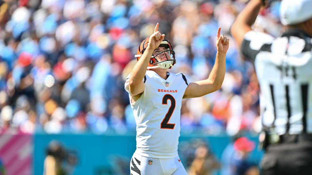 The Bengals' Evan McPherson with the celebration of missed field goal