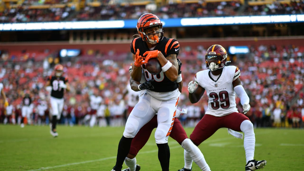 Cincinnati Bengals wide receiver Andrei Iosivas runs a route during the  first half of an NFL preseason football game between the Cincinnati Bengals  and the Washington Commanders, Saturday, Aug. 26, 2023, in