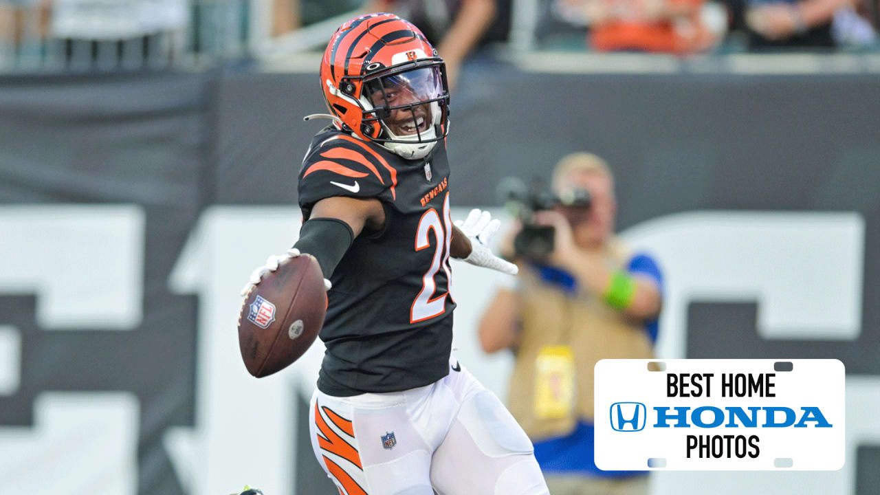 Cincinnati Bengals defensive end Raymond Johnson III (56) runs for the play  during a preseason NFL