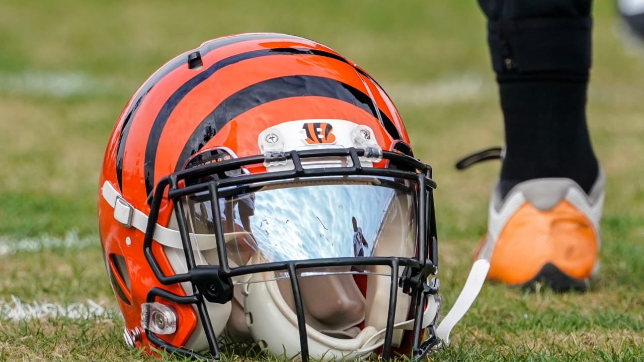 CINCINNATI, OH - SEPTEMBER 30: A Cincinnati Bengals helmet sits before the  game against the Jacksonville Jaguars and the Cincinnati Bengals on  September 30, 2021, at Paul Brown Stadium in Cincinnati, OH. (