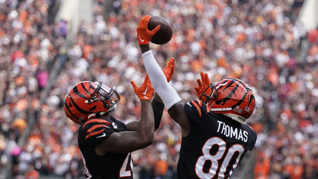 Cincinnati Bengals wide receiver Mike Thomas runs with the ball after  making a catch during the first half of a NFL football game against the  Baltimore Ravens, Sunday, Oct. 9, 2022, in