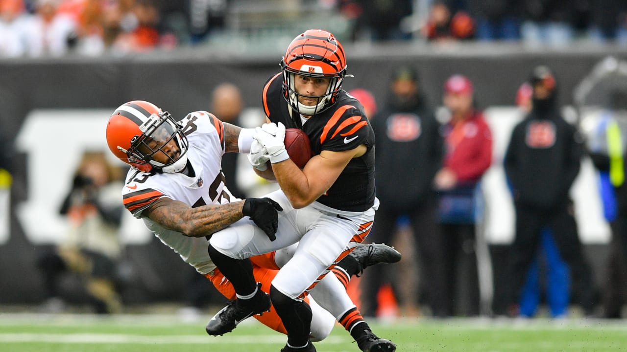 Cincinnati Bengals defensive back Daxton Hill comes untouched off the edge  to blast Los Angeles Rams quarterback Matthew Stafford