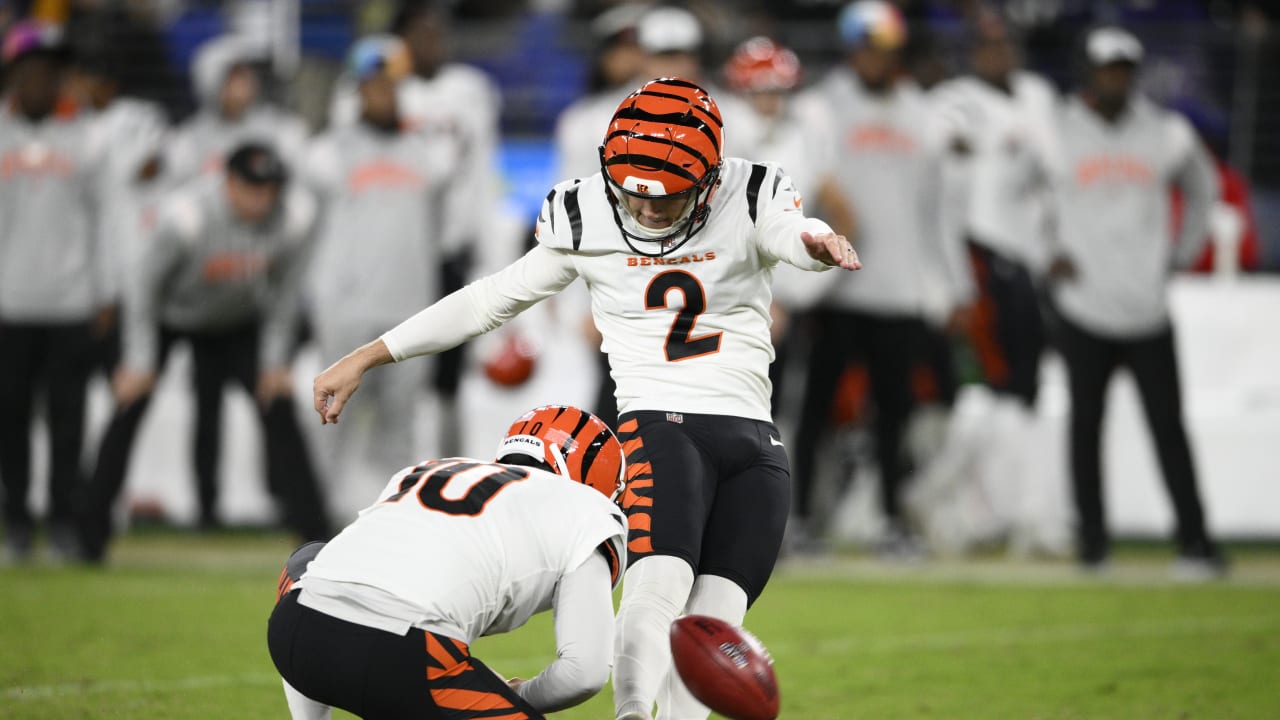 The Bengals' Evan McPherson with the celebration of missed field goal