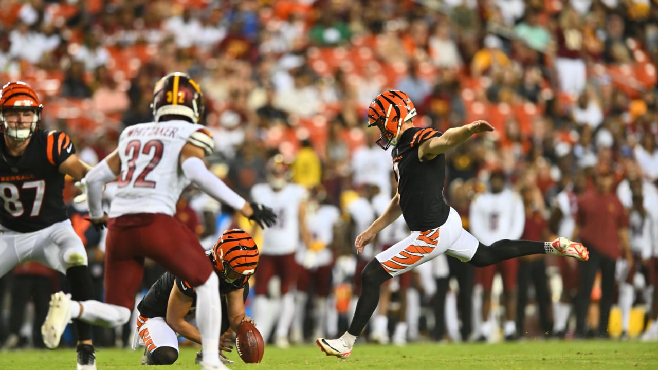 The Bengals' Evan McPherson with the celebration of missed field goal