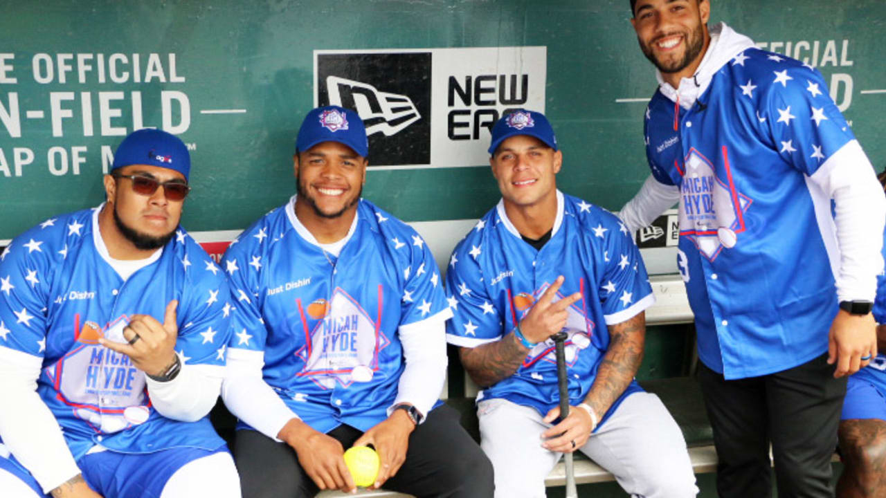 Buffalo Bills safety Micah Hyde talks prior to his charity softball game