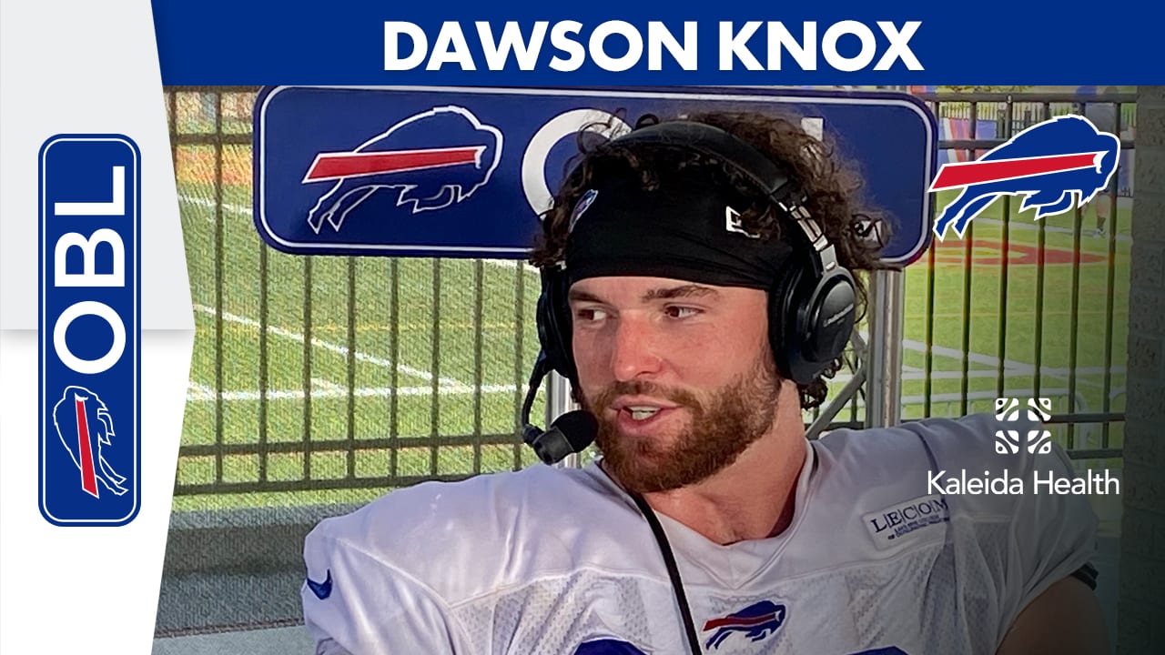 Buffalo Bills tight end Dawson Knox (88) runs a drill using tennis