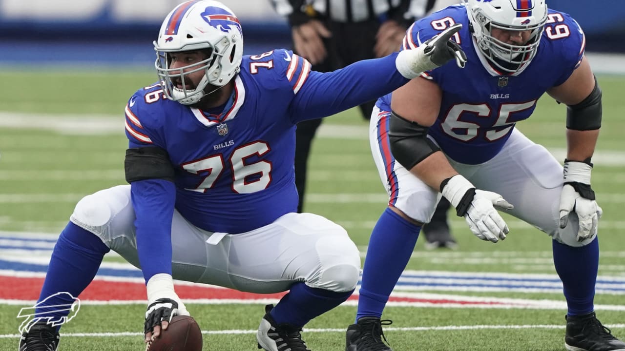 Buffalo Bills guard Ike Boettger (65) and New England Patriots