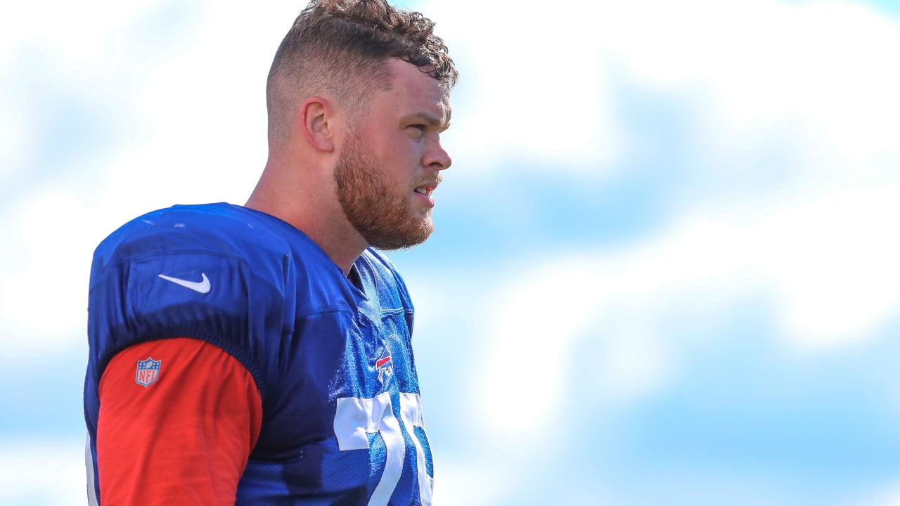 Buffalo Bills tackle Spencer Brown (79) runs onto the field before