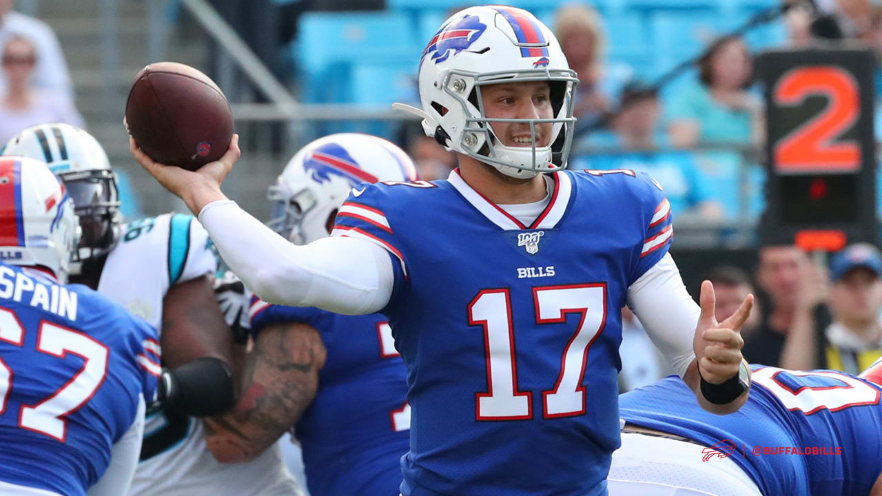 Buffalo Bills quarterback Josh Allen (17) smiles on the sidelines during an  NFL preseason football game against the Carolina Panthers on Friday, Aug.  26, 2022, in Charlotte, N.C. (AP Photo/Rusty Jones Stock