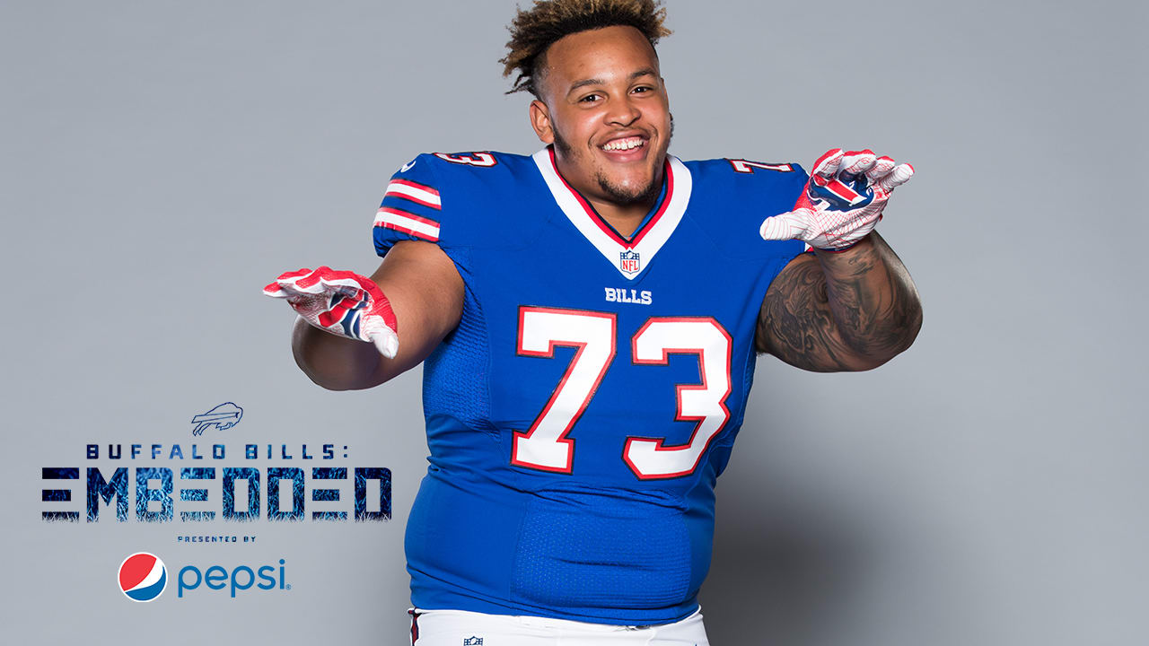 Buffalo Bills offensive tackle Dion Dawkins (73) greets fans after