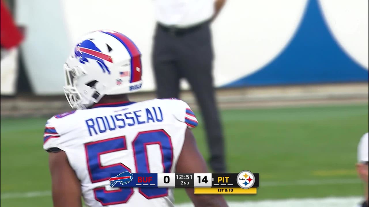 Buffalo Bills defensive end Greg Rousseau (50) runs onto the field before  an NFL football game, Sunday, Sept. 17, 2023, in Orchard Park, NY. (AP  Photo/Matt Durisko Stock Photo - Alamy