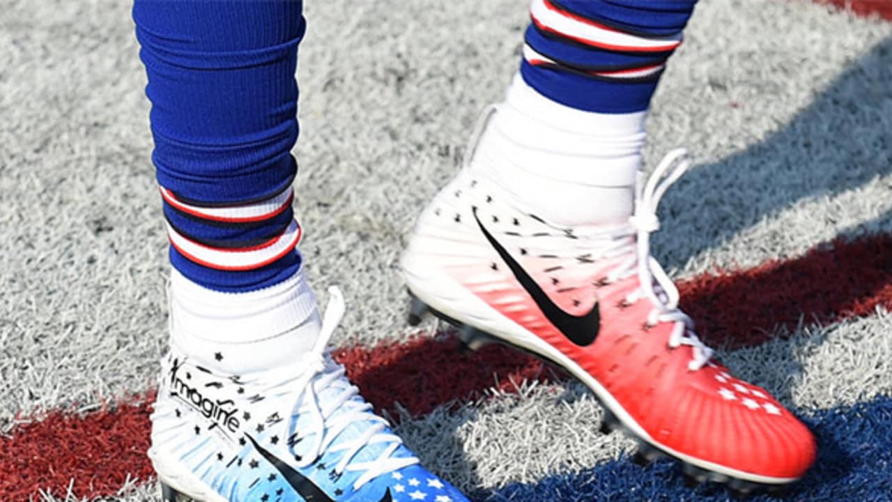 Detail view of Nike football cleats worn by Buffalo Bills