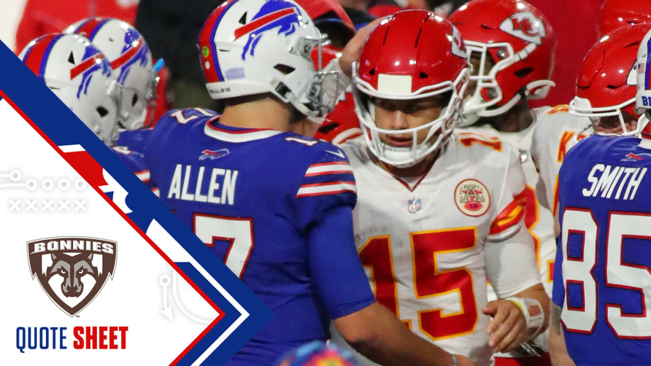 KANSAS CITY, MO - OCTOBER 16: Kansas City Chiefs quarterback Patrick  Mahomes (15) and Buffalo Bills quarterback Josh Allen (17) hug after an NFL  game between the Buffalo Bills and Kansas City