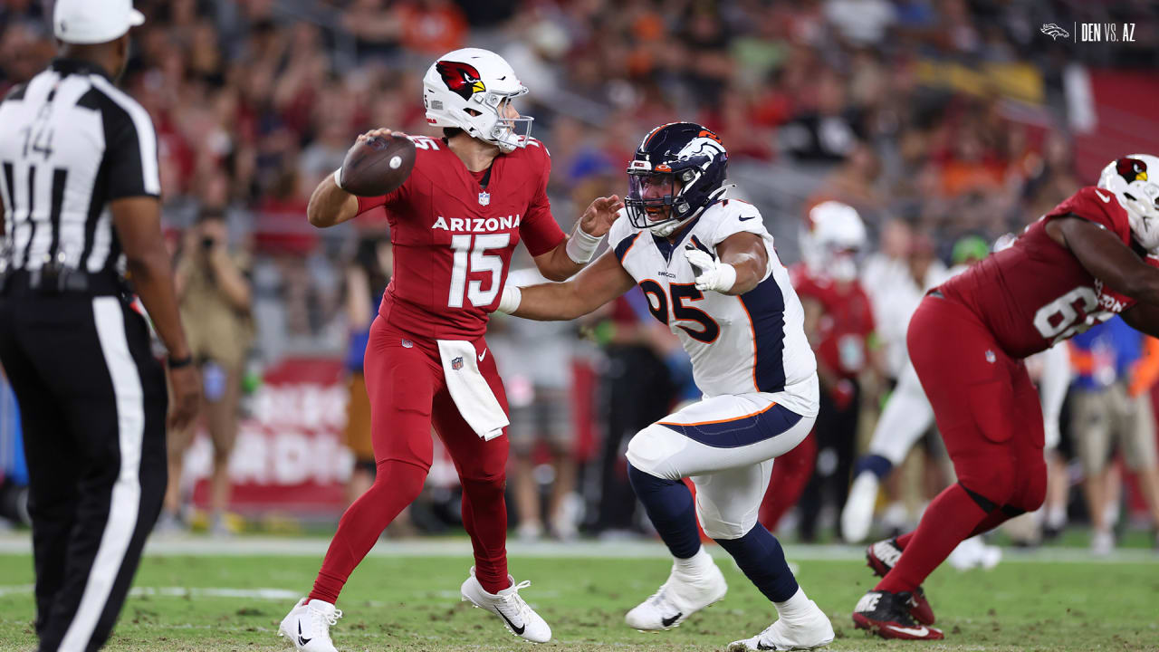 Denver Broncos defensive tackle Elijah Garcia celebrates after a sack  against the Arizona Cardinals during the second half of an NFL preseason  football game in Glendale, Ariz., Friday, Aug. 11, 2023. (AP