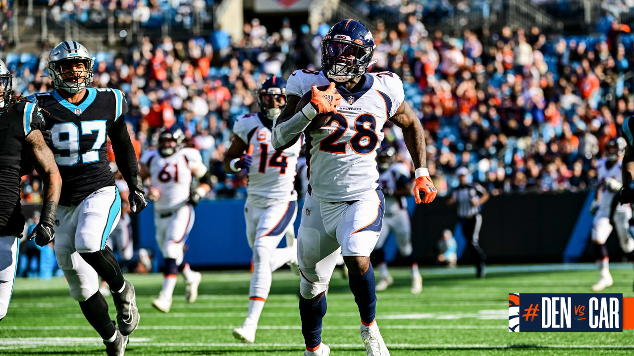 Denver Broncos running back Latavius Murray (28) walks on the sidelines  before the second half of an NFL football game against the Tennessee Titans  Sunday, Nov. 13, 2022, in Nashville, Tenn. (AP