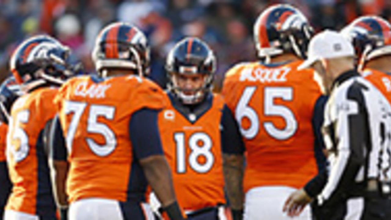 Broncos center Manny Ramirez takes direction from quarterback Peyton  Manning during the first quarter of a game against the Indianapolis Colts.  The Denver Broncos played the Indianapolis Colts in the season opener