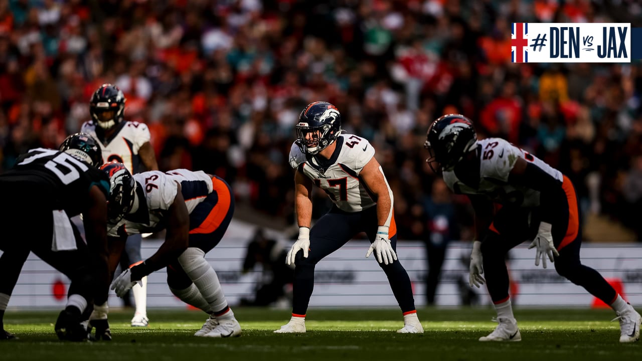 Denver Broncos linebacker Josey Jewell (47) reacts during an NFL football  game between the Carolina Panthers and the Denver Broncos on Sunday, Nov.  27, 2022, in Charlotte, N.C. (AP Photo/Jacob Kupferman Stock