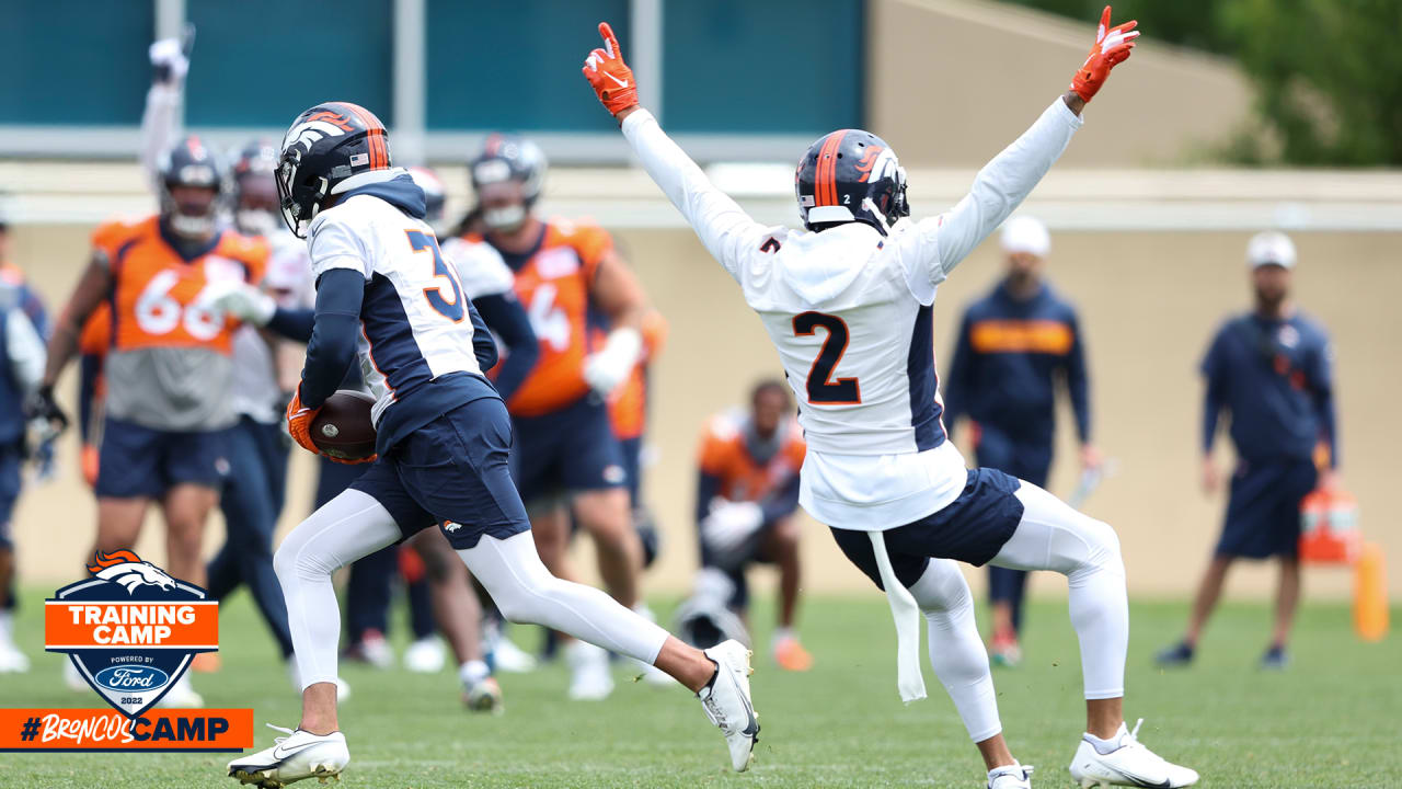 Denver Broncos rookie defensive lineman Eyioma Uwazurike takes part in  drills during the NFL football team's training camp Tuesday, Aug. 2, 2022,  at the Broncos' headquarters in Centennial, Colo. (AP Photo/David Zalubowski