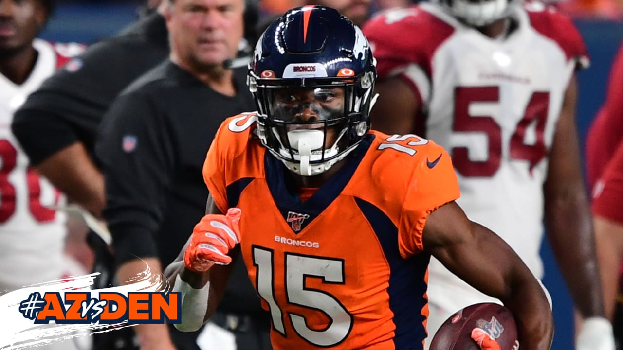 Denver Broncos wide receiver Juwann Winfree (15) runs on the field during  the Pro Football Hall of Fame NFL preseason game against the Atlanta  Falcons, Thursday, Aug. 1, 2019, in Canton, Ohio. (