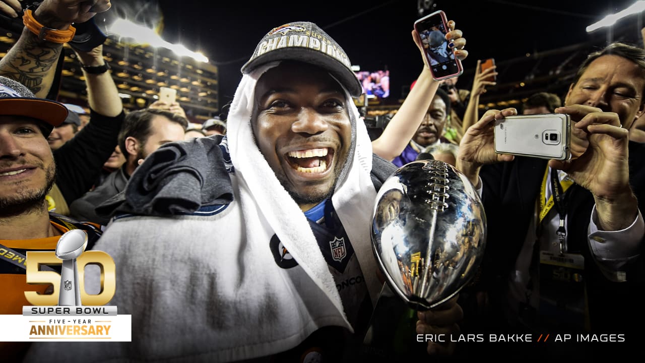 Denver Broncos running back C.J. Anderson celebrates winning the AFC  Championship game at Sport Authority Field at Mile High in Denver on  January 24, 2016. Denver advances to Super Bowl 50 defeating