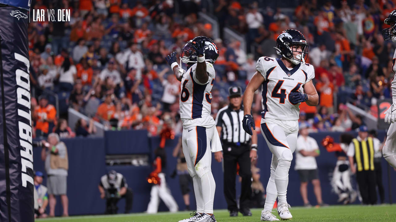 Denver Broncos running back Tyler Badie (36) scores a touchdown against the  Los Angeles Rams of an NFL football game Saturday, Aug 26, 2023, in Denver.  (AP Photo/Bart Young Stock Photo - Alamy