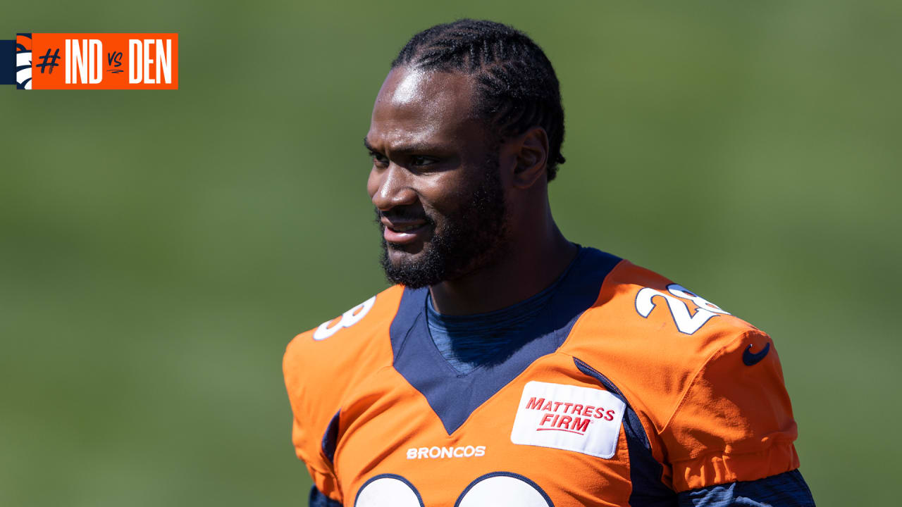 Denver Broncos running back Latavius Murray (28) walks on the sidelines  before the second half of an NFL football game against the Tennessee Titans  Sunday, Nov. 13, 2022, in Nashville, Tenn. (AP