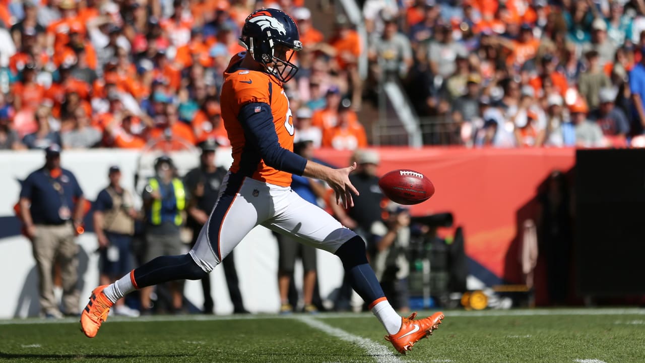 Denver Broncos punter Colby Wadman (6) follows through on a punt against  the Los Angeles Chargers during the second half of an NFL football game in  Carson, Calif., Sunday, Oct. 6, 2019. (