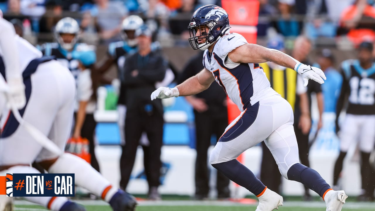 Denver Broncos linebacker Josey Jewell (47) reacts during an NFL football  game between the Carolina Panthers and the Denver Broncos on Sunday, Nov. 27,  2022, in Charlotte, N.C. (AP Photo/Jacob Kupferman Stock