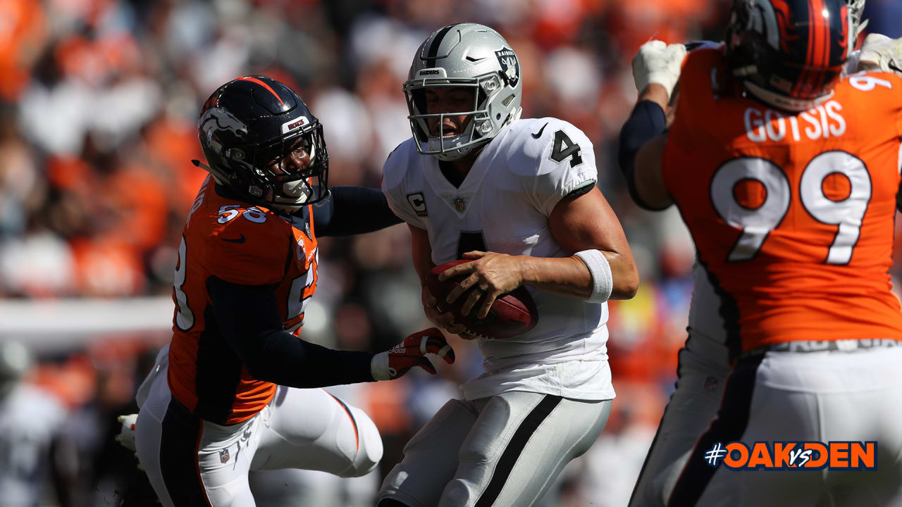 Denver Broncos outside linebacker Von Miller (58) reacts to a play against  the Las Vegas Raiders in the first half of an NFL football game Sunday,  Oct. 17, 2021, in Denver. (AP