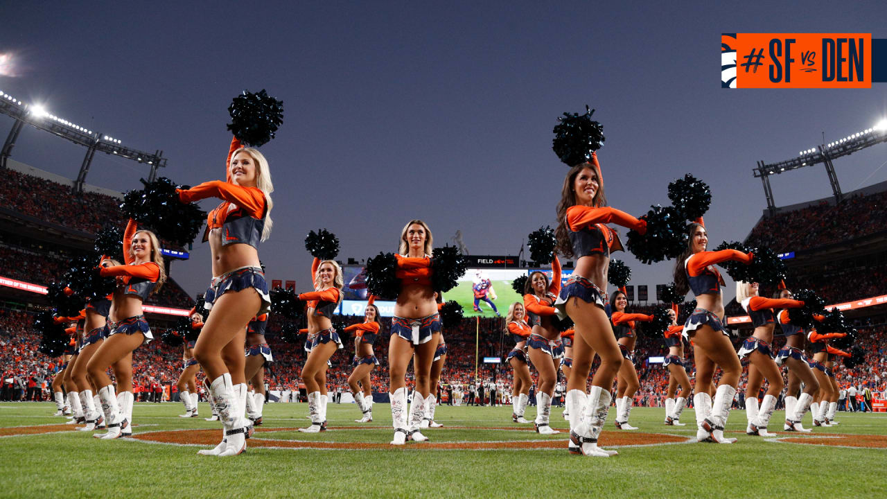 The Denver Bronco Cheerleaders perform during the Denver Broncos v