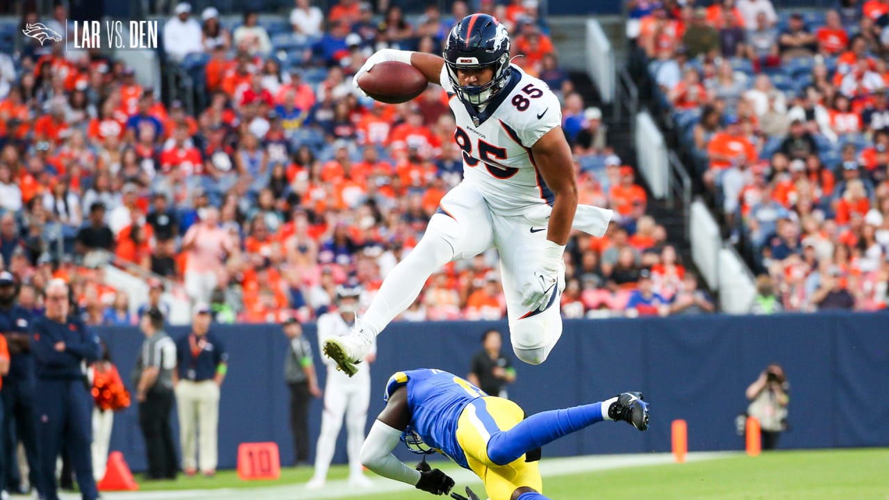 Denver Broncos tight end Albert Okwuegbunam (85) dives for a touchdown  during the second half of an NFL football game Sunday, Sept. 12, 2021, in  East Rutherford, N.J. (AP Photo/Adam Hunger Stock