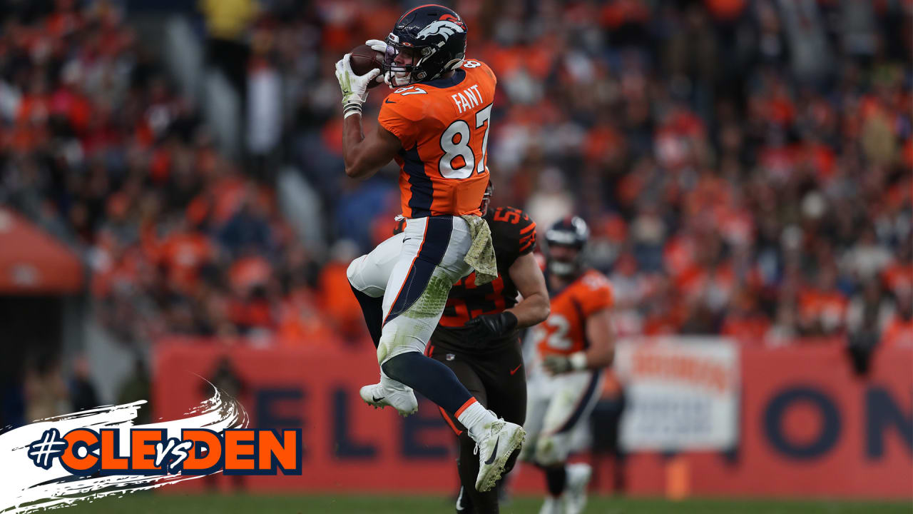 Denver Broncos tight end Noah Fant (87) against the New York Jets during an  NFL football game, …