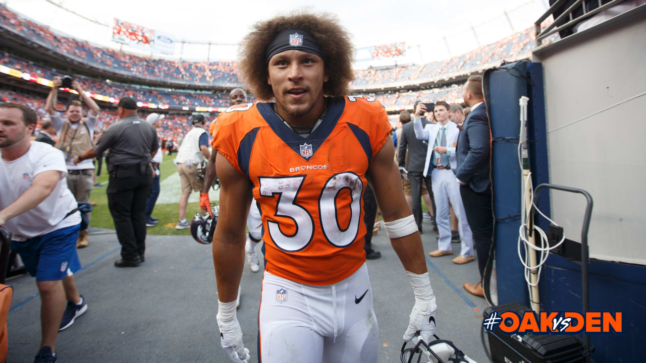 October 8, 2018 - East Rutherford, New Jersey, U.S. - Denver Broncos  running back Phillip Lindsay (30) on the sideline during a NFL game between  the Denver Broncos and the New York