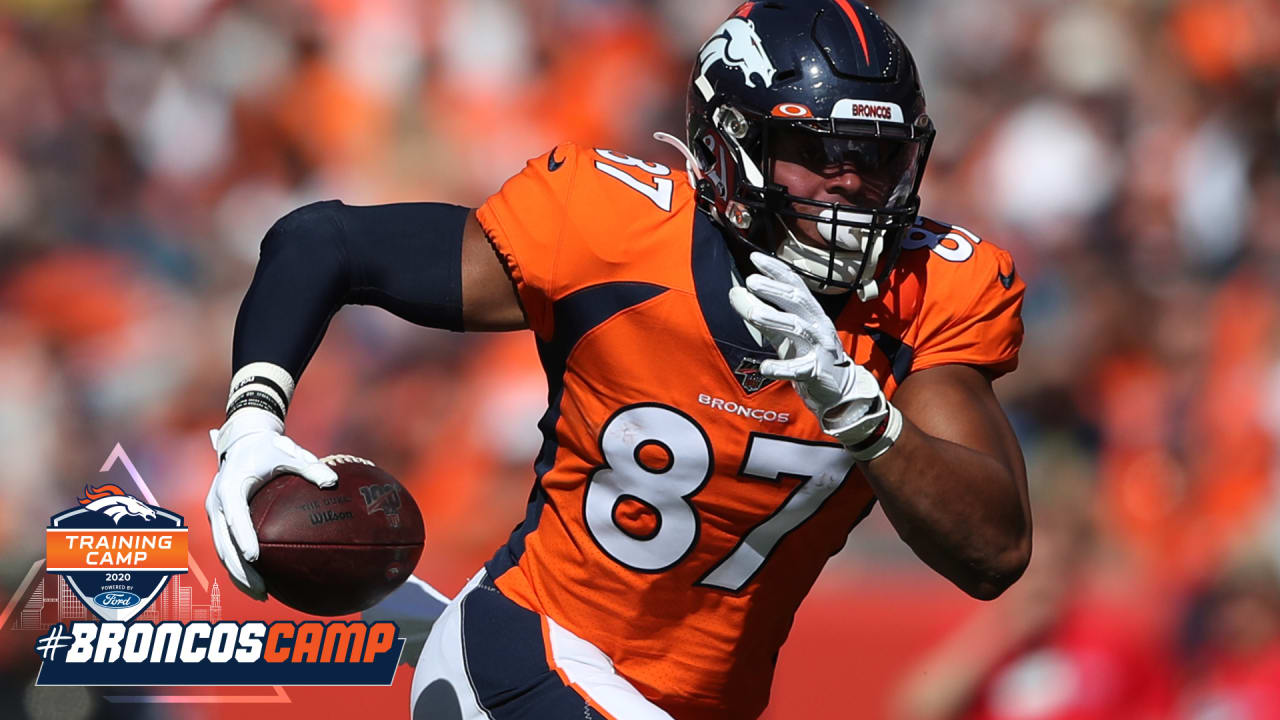 Denver Broncos tight end Noah Fant (87) against the New York Jets during an  NFL football game, …