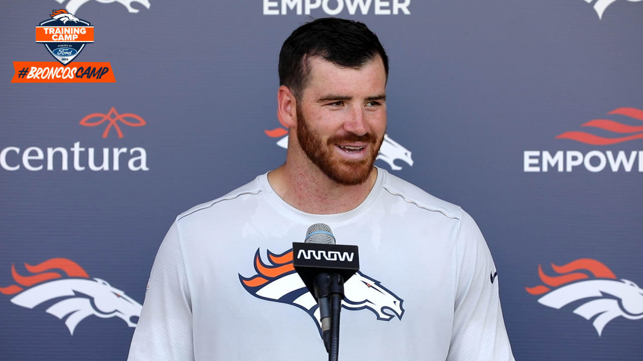 Denver Broncos linebacker Drew Sanders takes part in drills during