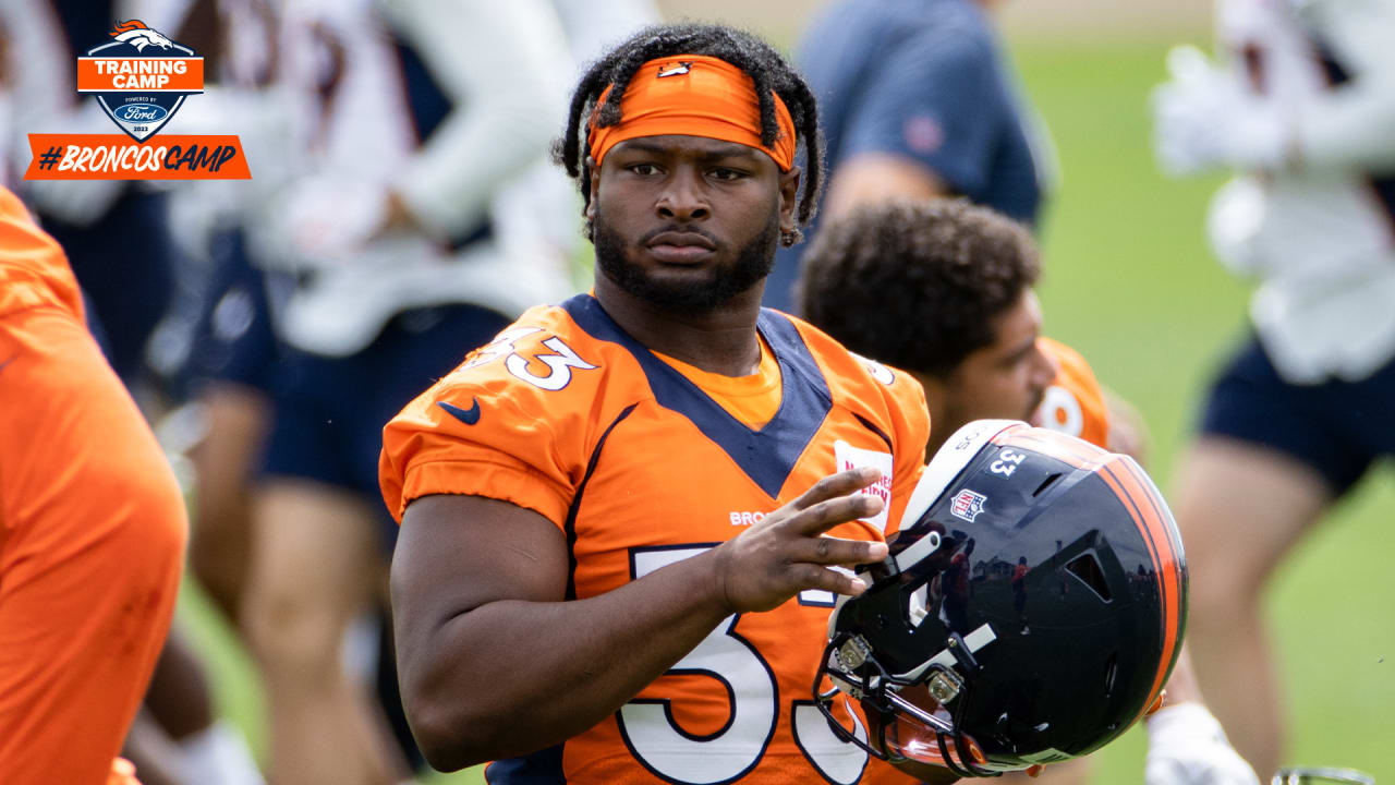 Denver Broncos rookie tight end Greg Dulcich during the opening session of  the NFL football team's training camp Wednesday, July 27, 2022, in  Centennial, Colo. (AP Photo/David Zalubowski Stock Photo - Alamy