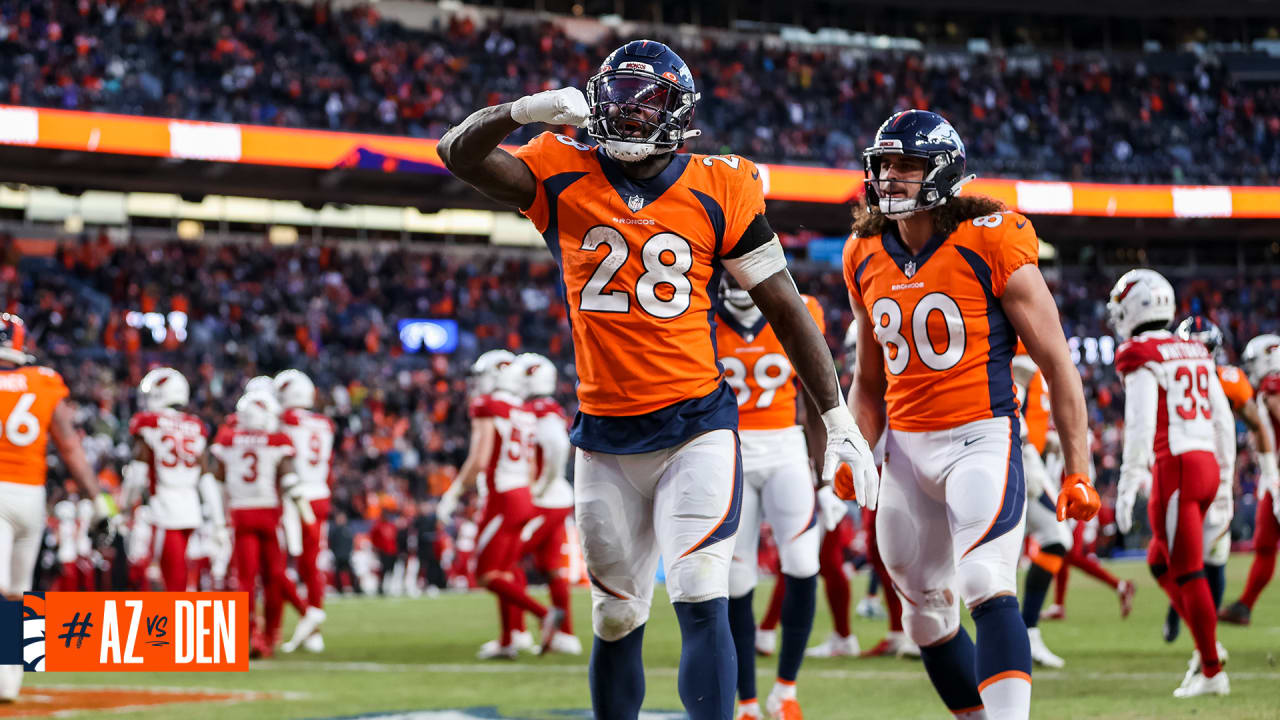 Denver Broncos running back Latavius Murray (28) walks on the sidelines  before the second half of an NFL football game against the Tennessee Titans  Sunday, Nov. 13, 2022, in Nashville, Tenn. (AP