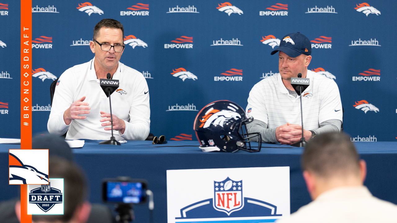 George Paton, general manager of the Denver Broncos, responds to questions  during a news conference on media day before the team officially opens an  NFL football training camp at Broncos headquarters Tuesday