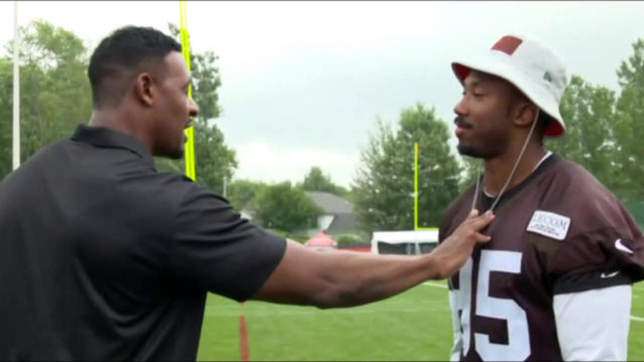 Former NFL player Willie McGinest talks about the Cleveland Browns on NFL  Network during practice at the NFL football team's training facility  Wednesday, July 31, 2019, in Berea, Ohio. (AP Photo/Ron Schwane