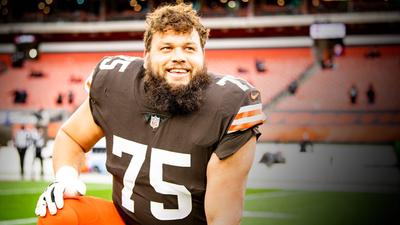 FILE - In this Sunday, Nov. 11, 2018 file photo, Cleveland Browns offensive  tackle Joel Bitonio celebrates after the Browns defeated the Atlanta Falcons  28-16 in an NFL football game in Cleveland.