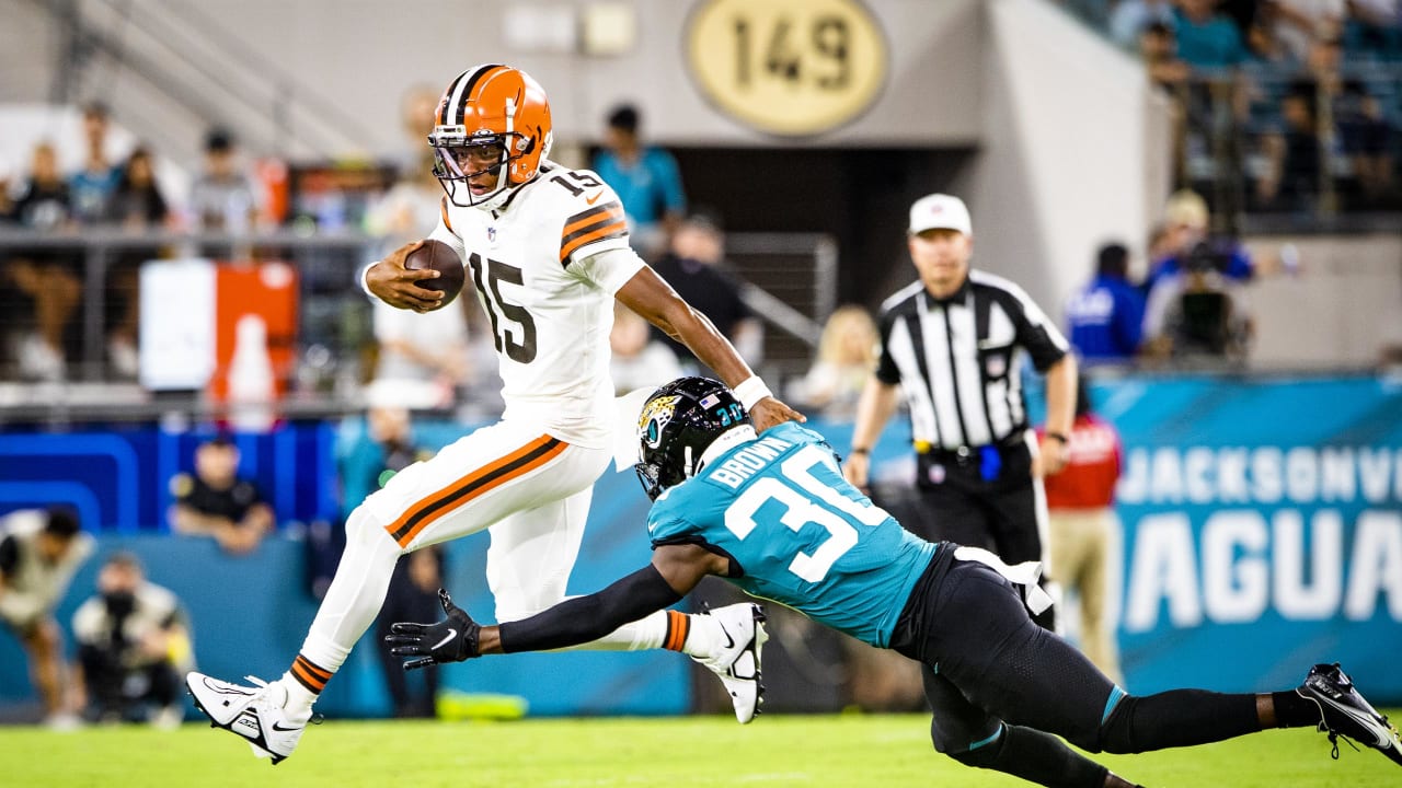 Cleveland Browns wide receiver Travell Harris (83) walks off the field at  the end of an NFL preseason football game against the Jacksonville Jaguars,  Friday, Aug. 12, 2022, in Jacksonville, Fla. The