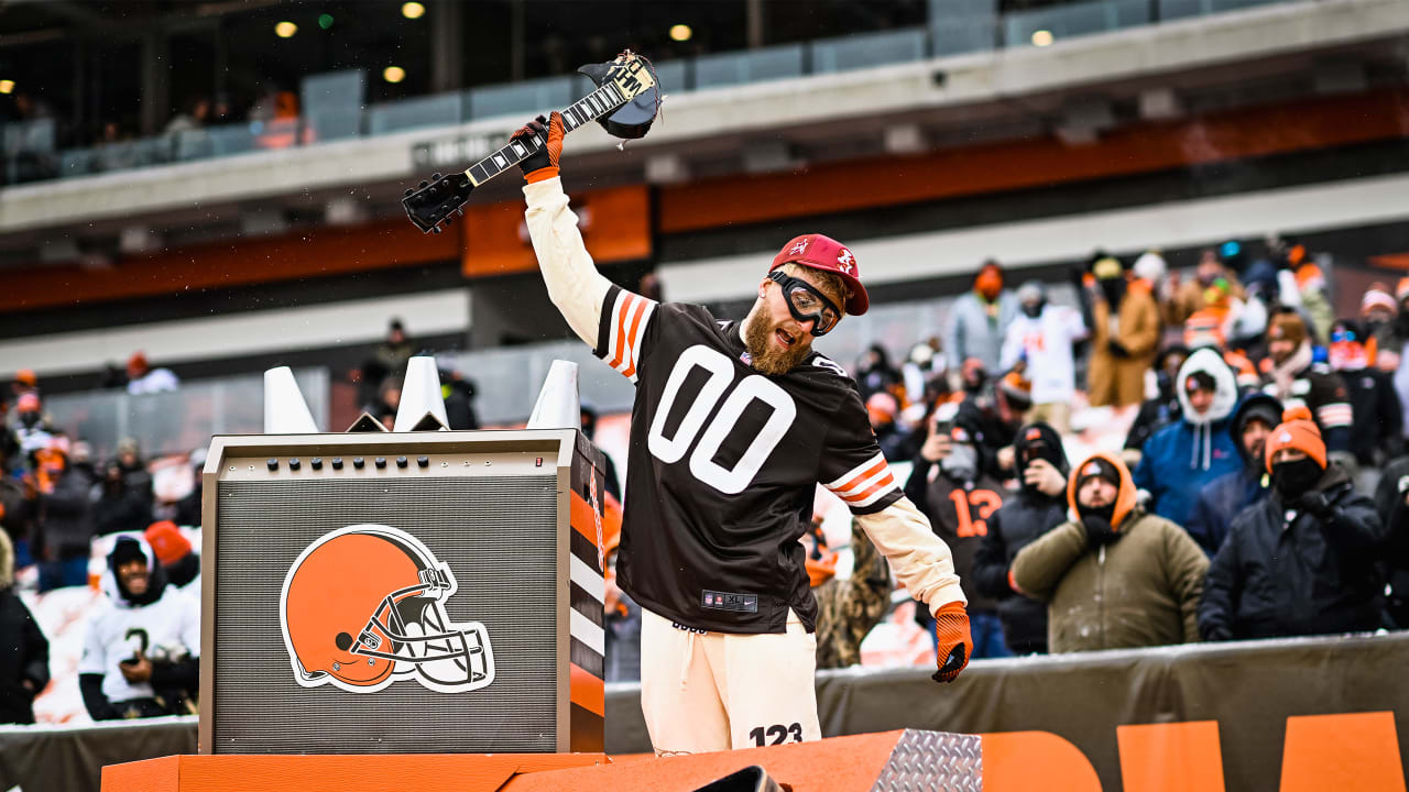 CLEVELAND, OH - DECEMBER 24: Dawg Pound Captain Jake Paul is introduced to  the fans prior to the National Football League game between the New Orleans  Saints and Cleveland Browns on December