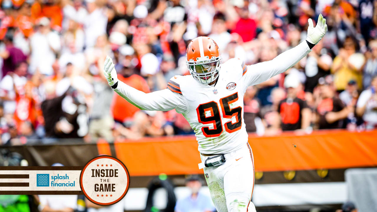 Myles Garrett Cleveland Browns Unsigned Celebrates a Sack in White Jersey  Photograph