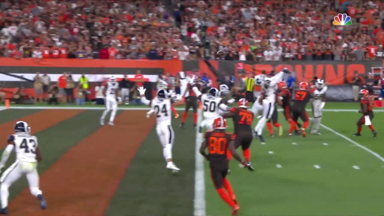 Can't-Miss Play: Cleveland Browns rookie cornerback Cameron Mitchell  catches fumble in mid-air after Browns linebacker Mohamoud Diabate's strip  of Eagles running back Trey Sermon