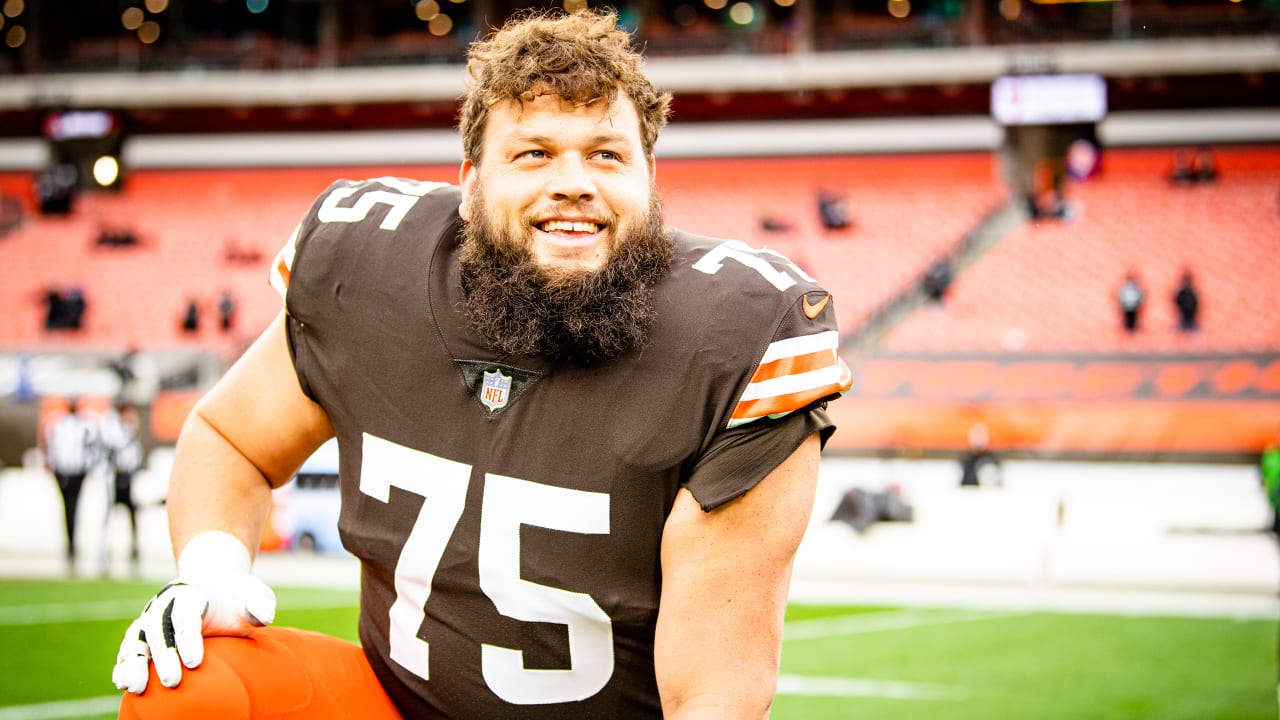 FILE - In this Sunday, Nov. 11, 2018 file photo, Cleveland Browns offensive  tackle Joel Bitonio celebrates after the Browns defeated the Atlanta  Falcons 28-16 in an NFL football game in Cleveland.