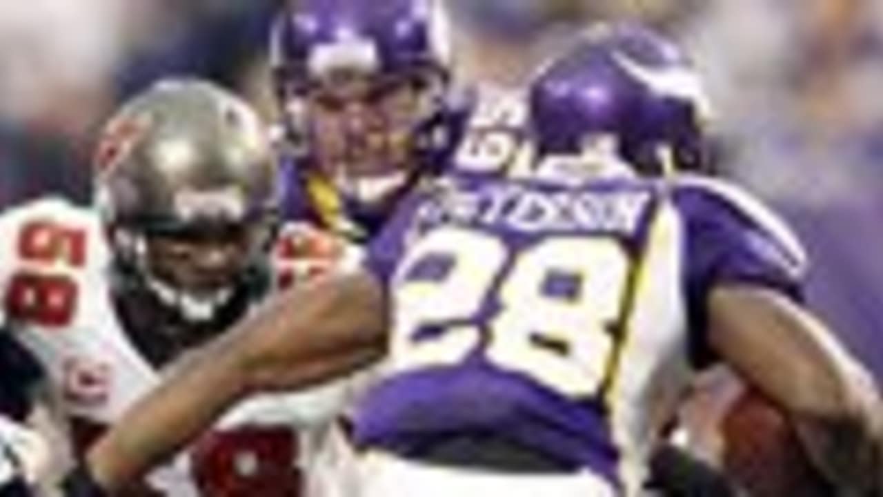 Minnesota Vikings running back Adrian Peterson (28) leaps into the