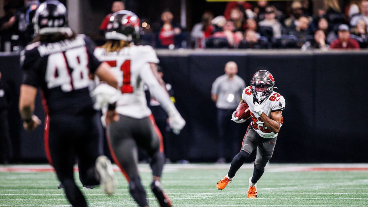 Tampa Bay Buccaneers guard Luke Goedeke (67) lines up during the first half  of an NFL football game against the Atlanta Falcons, Sunday, Jan. 8, 2023,  in Atlanta. The Atlanta Falcons won